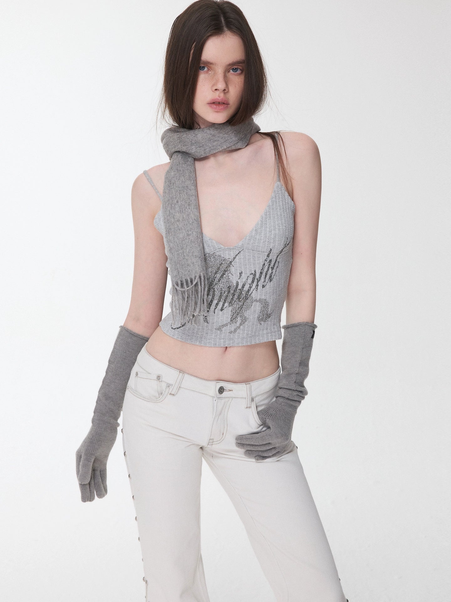 Knight Horse Rhinestone Cable Knit Cami Top