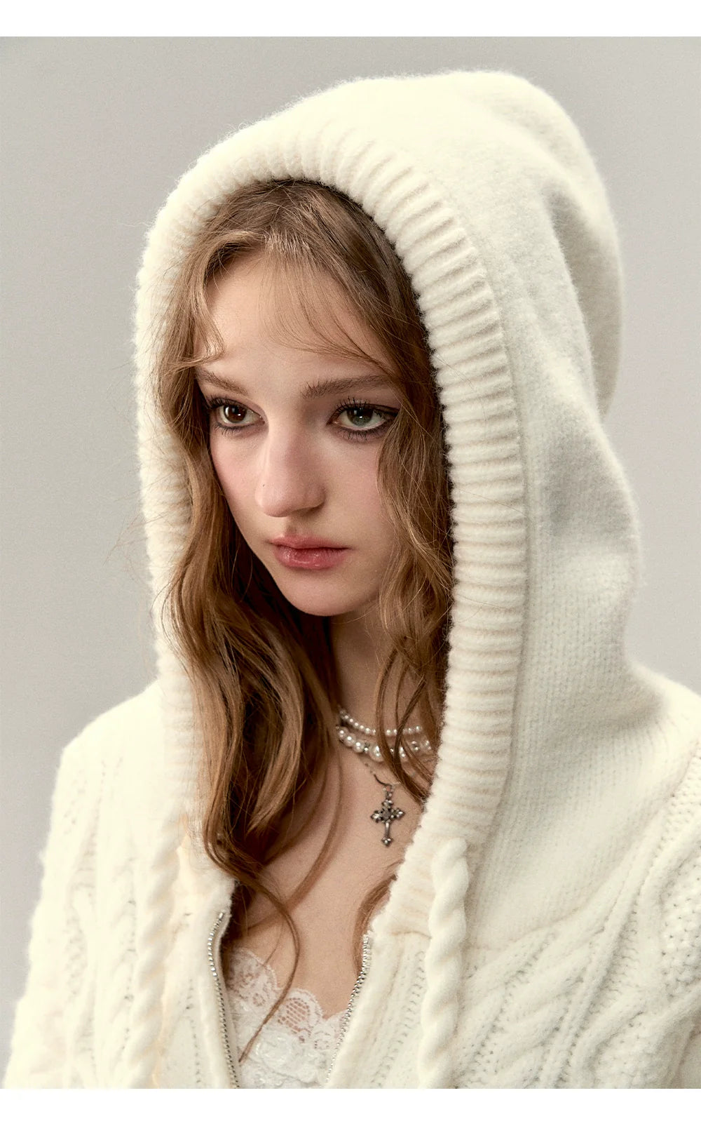 Off-white &amp; Khaki Twisted Knit Hooded Sweater
