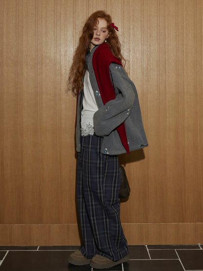 Plaid Double-Waist Relaxed Straight Pants