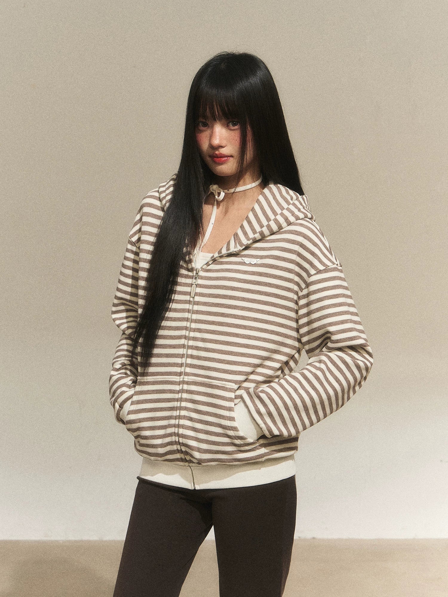 Cat Ear Stripe Zip Hoodie