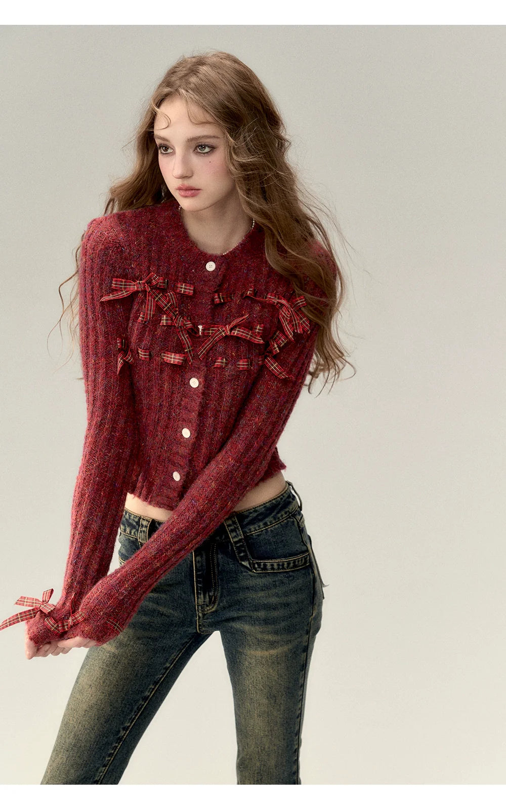 Red &amp; Black Bow Decorated Knit Cardigan