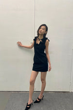 Black Ruffled V-neck Denim Dress