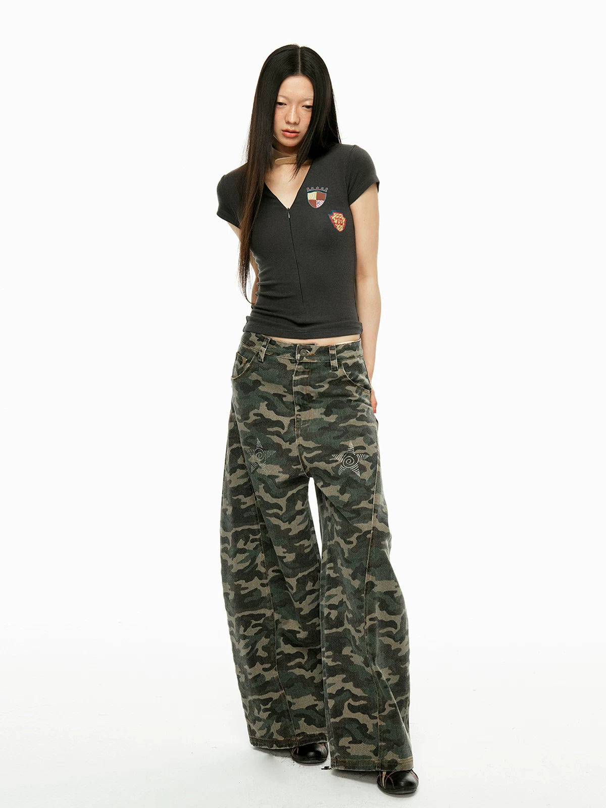 Washed Camo Wide Leg Jeans