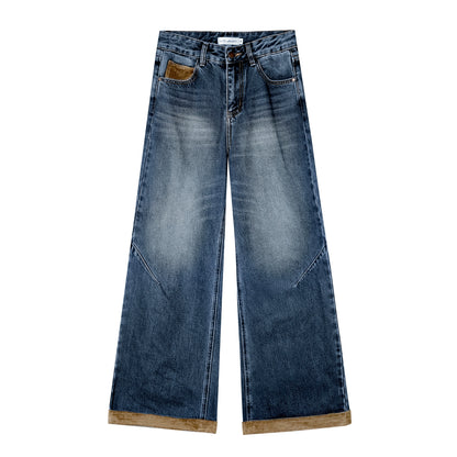 Suede Patchwork Cat-Whisker Wide-Leg Jeans