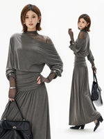 Gray Off Shoulder Knit Layered Dress