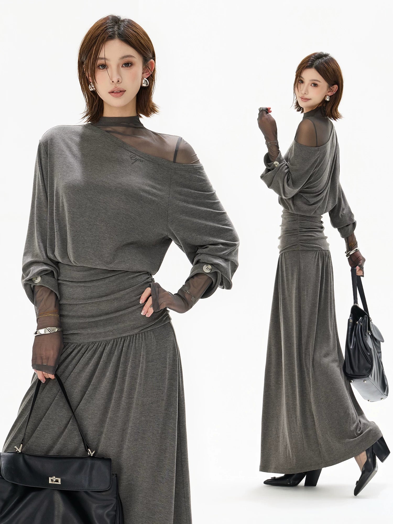 Gray Off Shoulder Knit Layered Dress