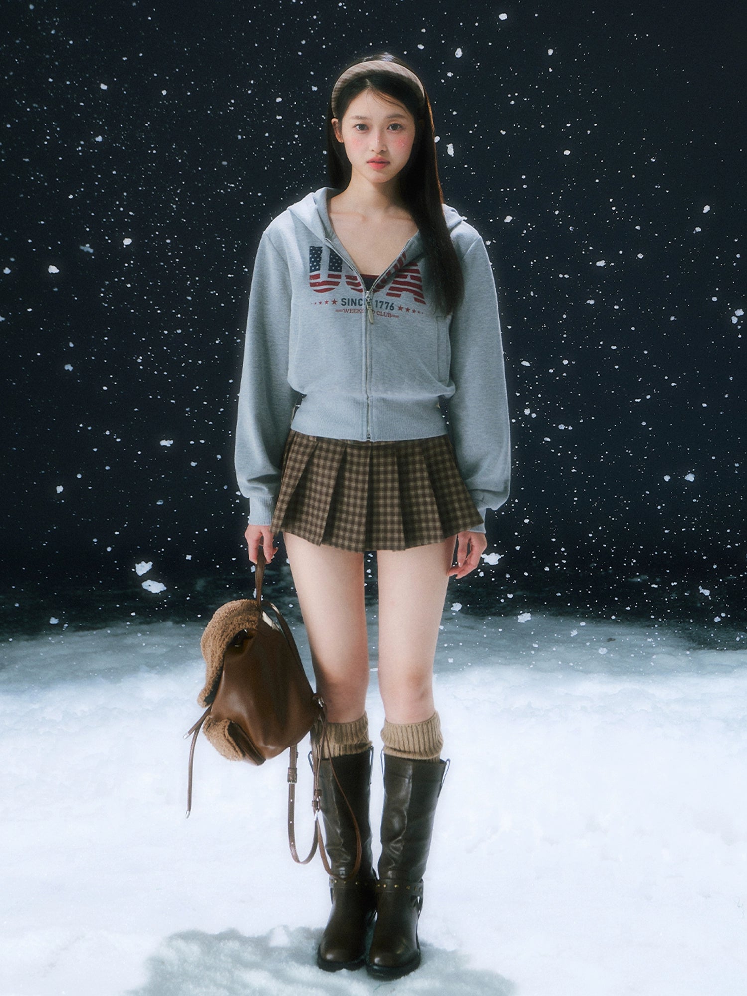 Dark Brown Retro Plaid Pleated Skirt