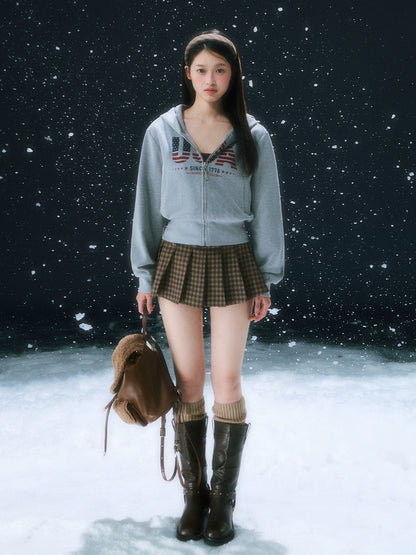 Dark Brown Retro Plaid Pleated Skirt