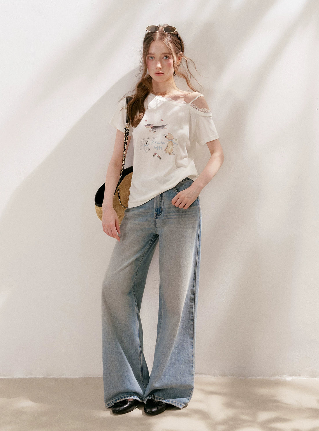 Lace Tie Wide-Leg Jeans