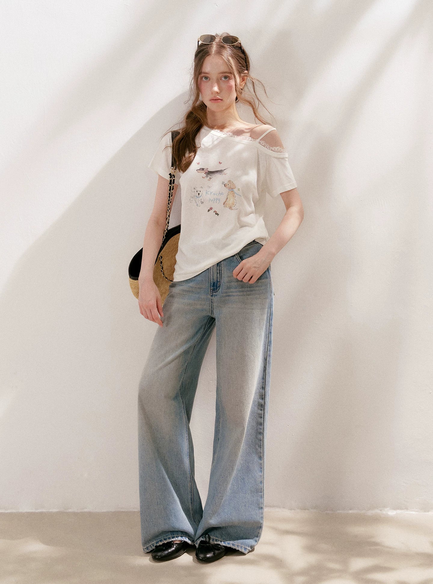 Lace Tie Wide-Leg Jeans