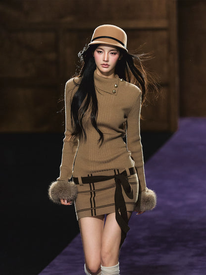Turtleneck Fuzzy-Cuff Knit Dress