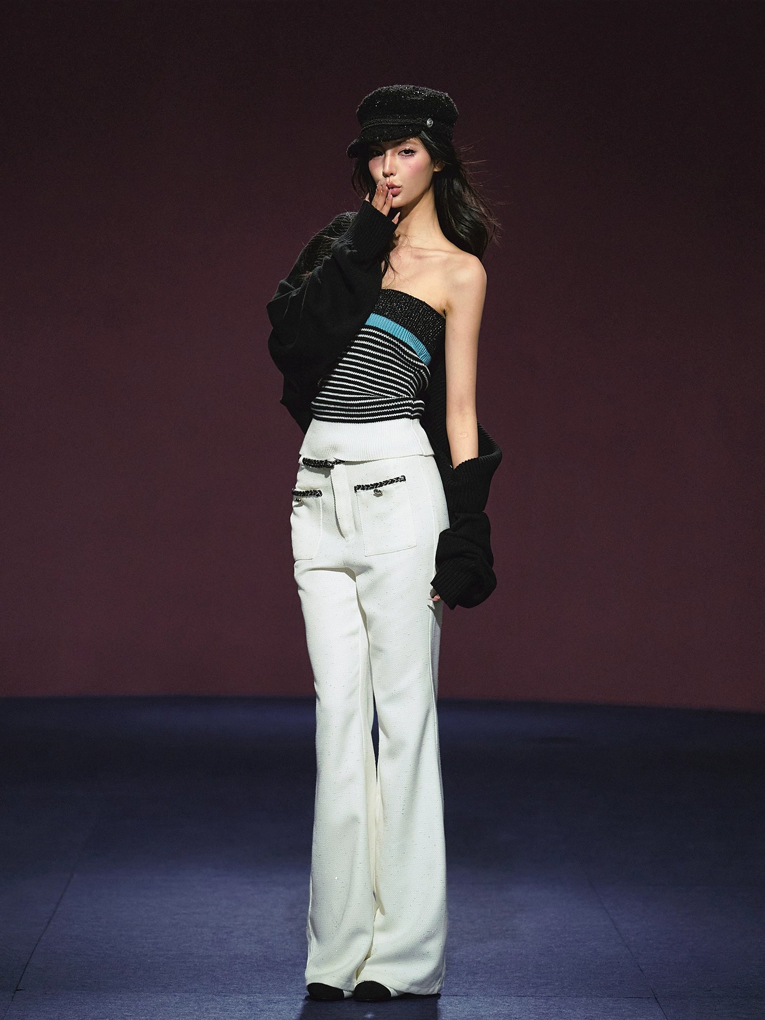Tweed Color-Block Slightly Flared Trousers