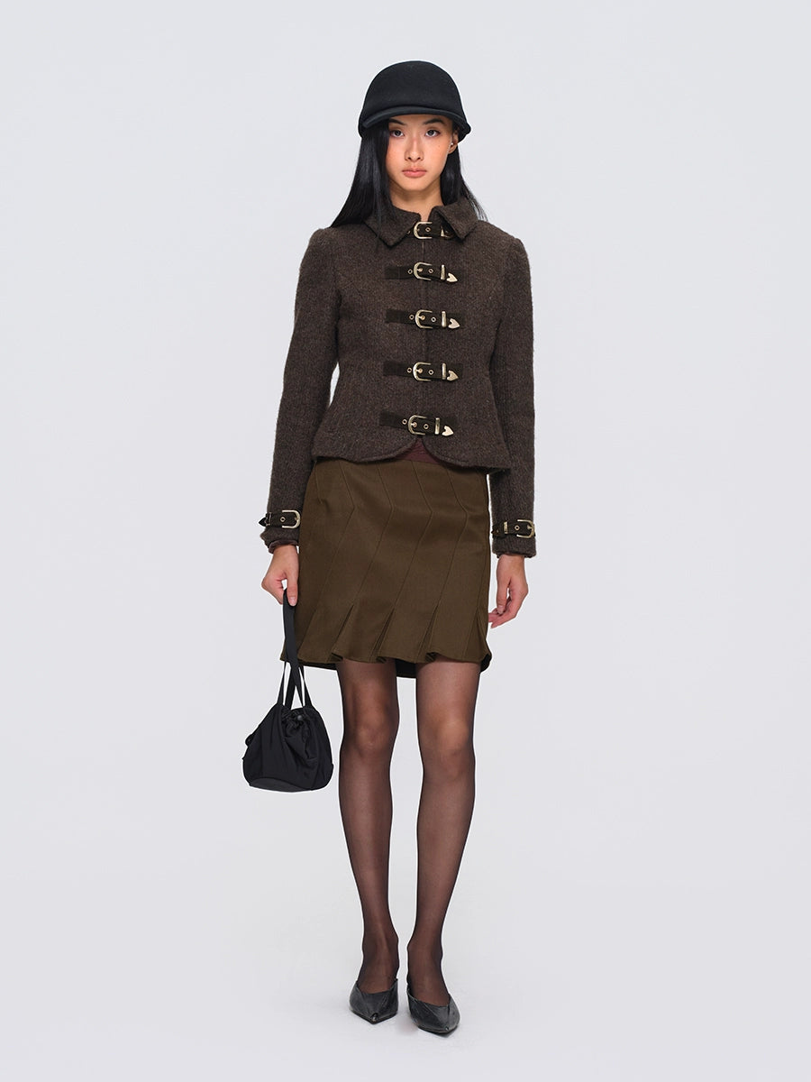 Metal-Button Wool-Blend Structured Short Jacket