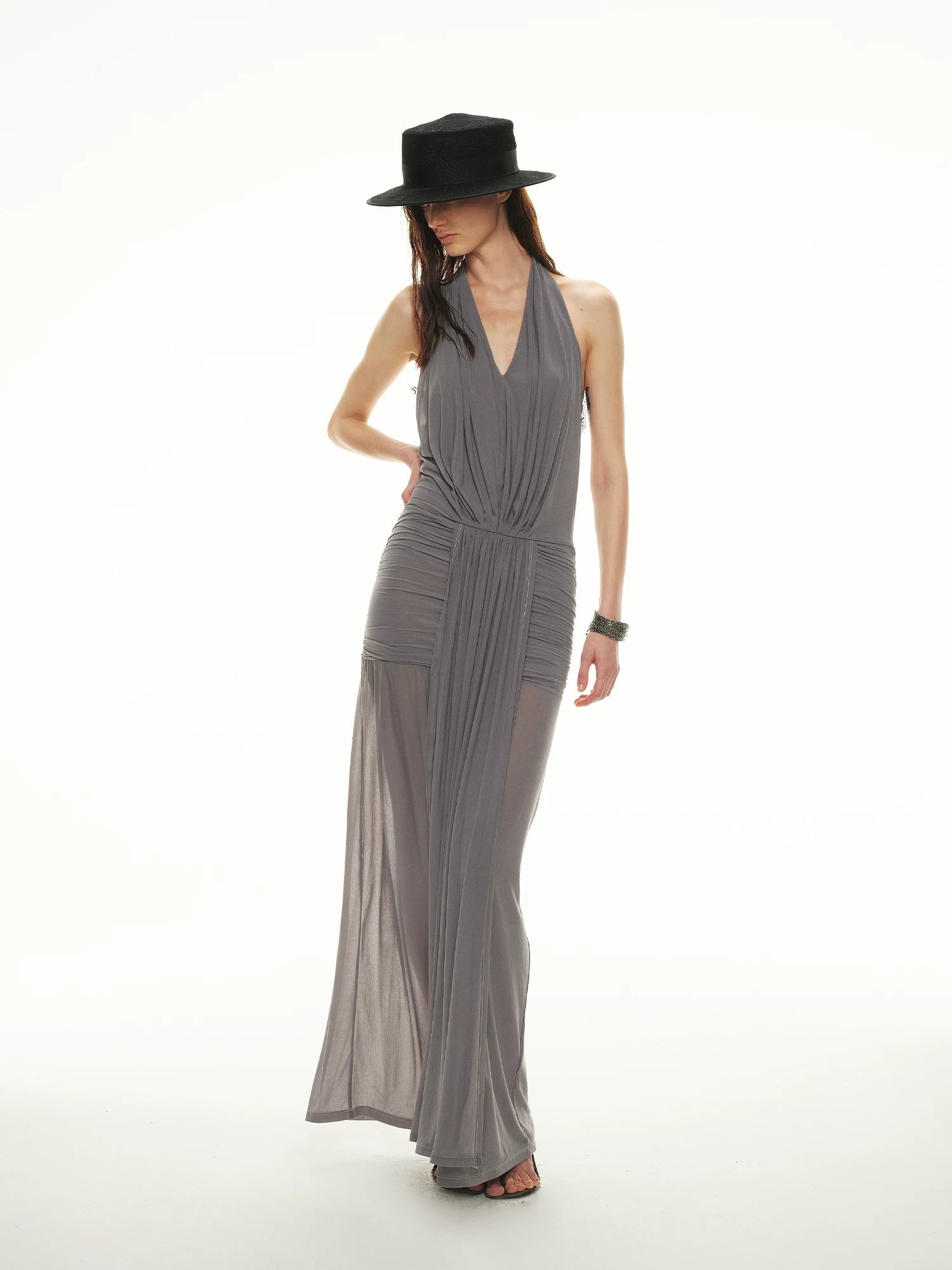 Mist Grey Lace Halter Dress