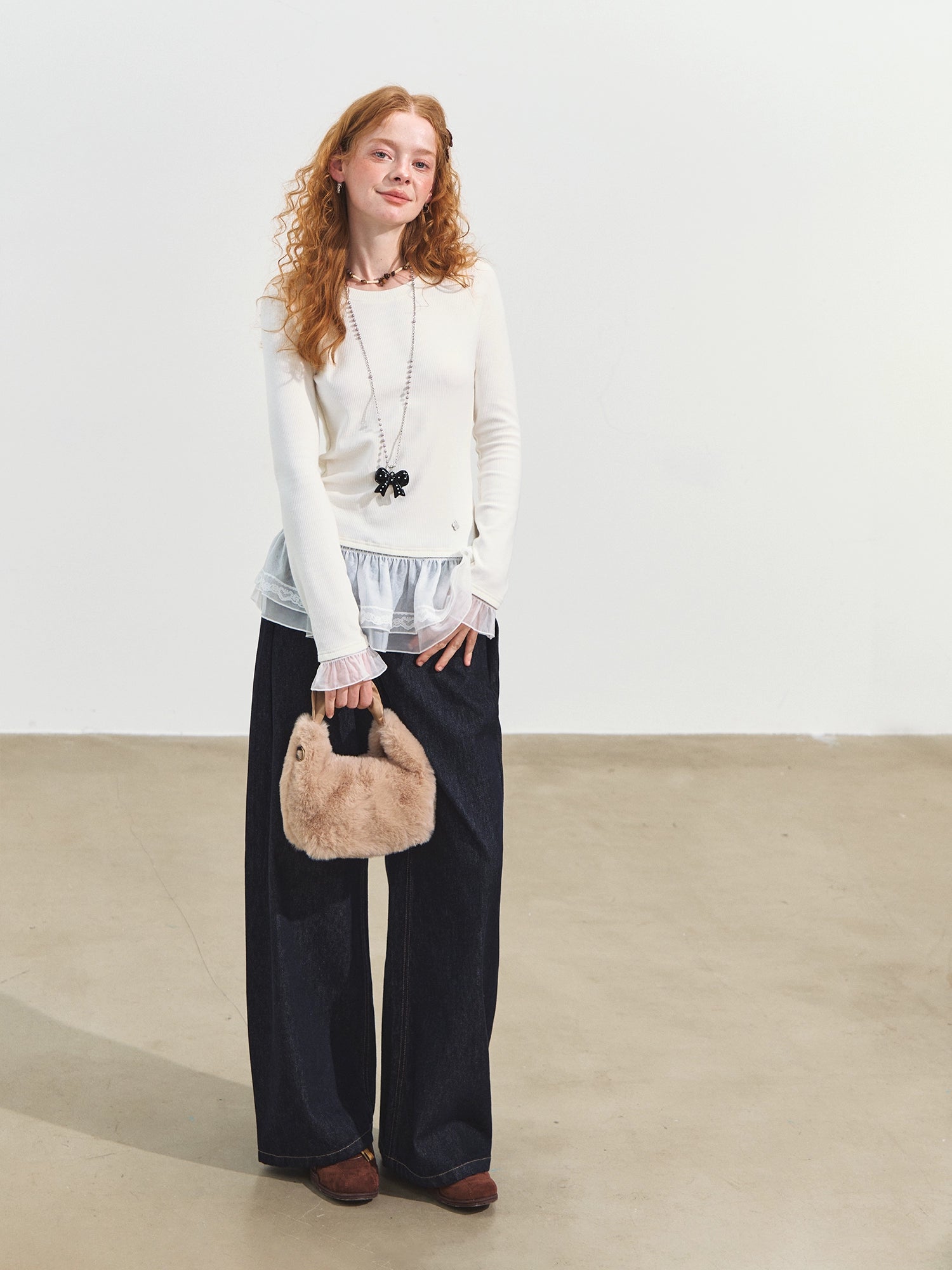 Double-layer Ruffle Raglan Fleece Top