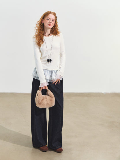 Double-layer Ruffle Raglan Fleece Top