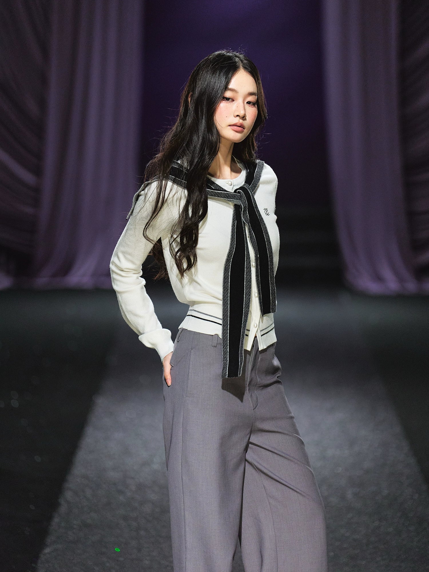 Miu-Inspired Contrast Trim Slim-Fit Knit Cardigan