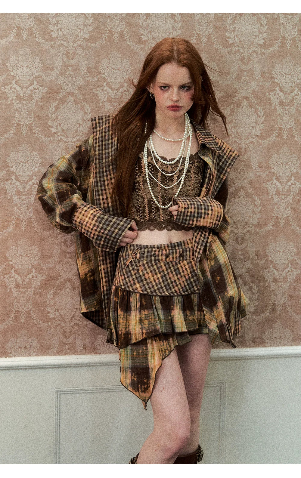 Washed Distressed Plaid Shirt &amp; Skirt Set