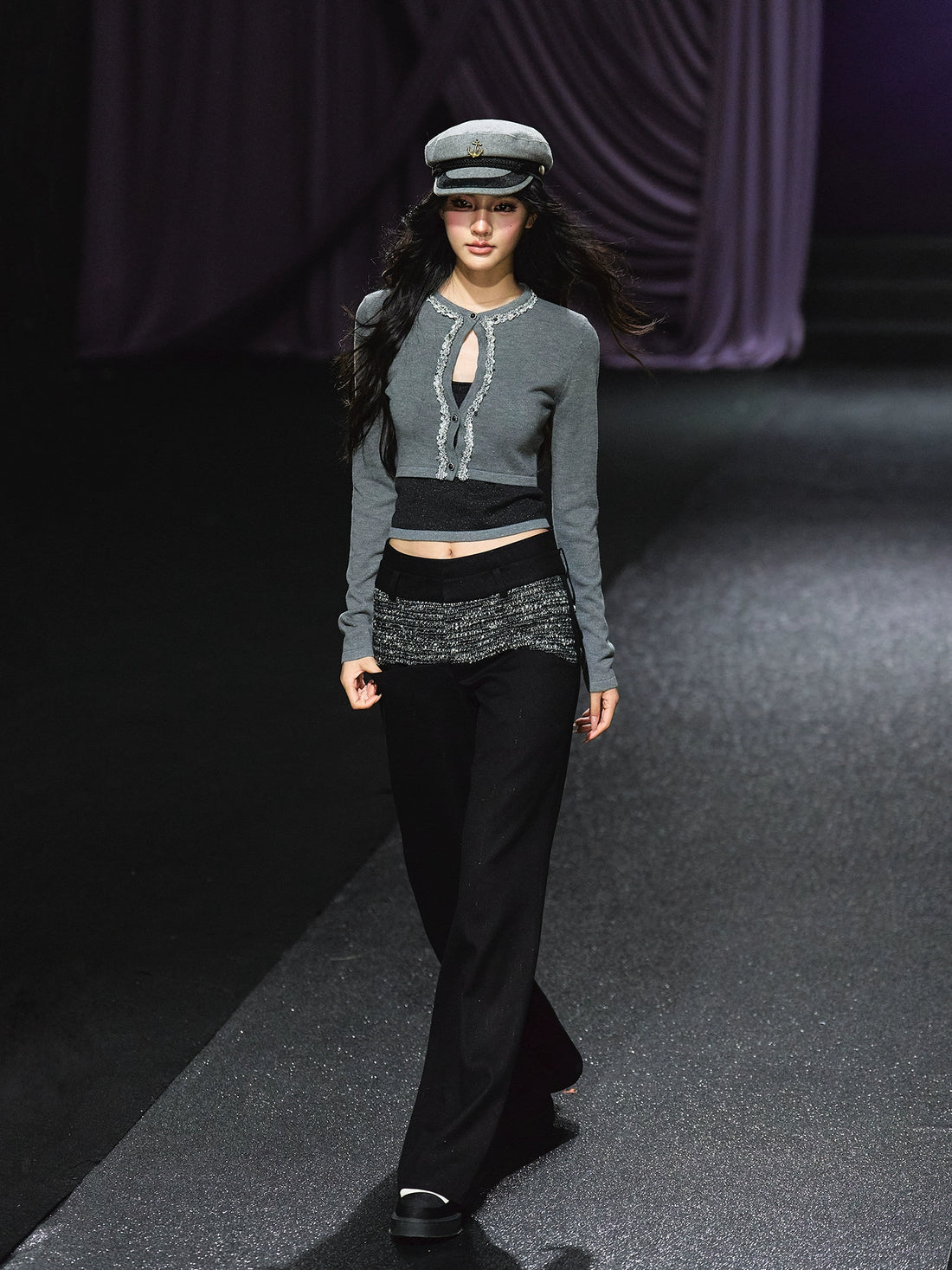 Contrast Waistband Tweed-Panel Straight Pants