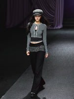 Contrast Waistband Tweed-Panel Straight Pants