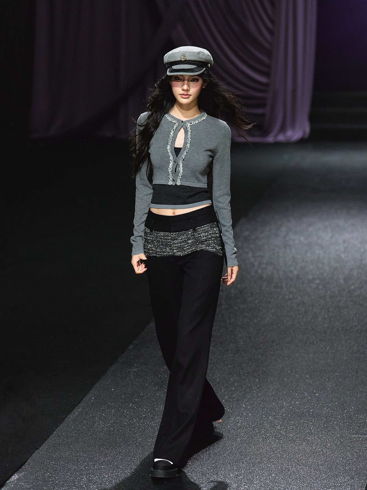 Contrast Waistband Tweed-Panel Straight Pants