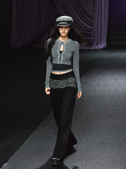 Contrast Waistband Tweed-Panel Straight Pants