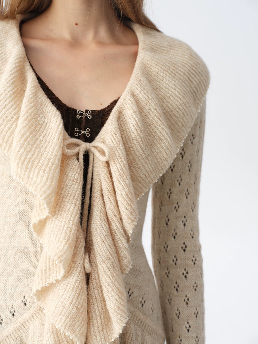 Two-Tone Openwork Ruffle Longline Cardigan
