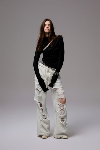 Draped Lyocell Wool Cutout Blouse