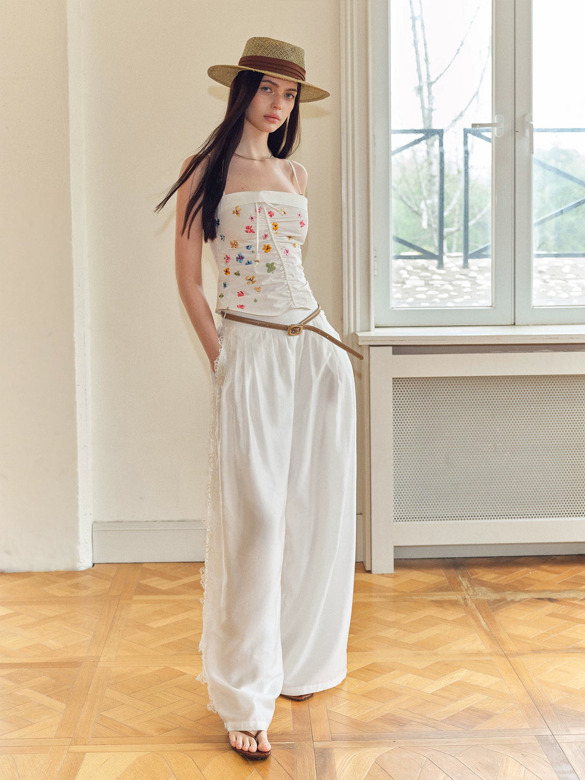 Lace Spliced Wide-Leg Pants