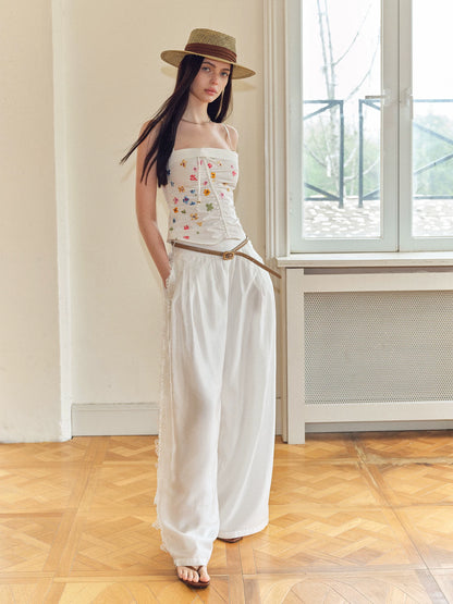 Lace Spliced Wide-Leg Pants