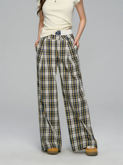 White Waistband Spliced Plaid Trousers