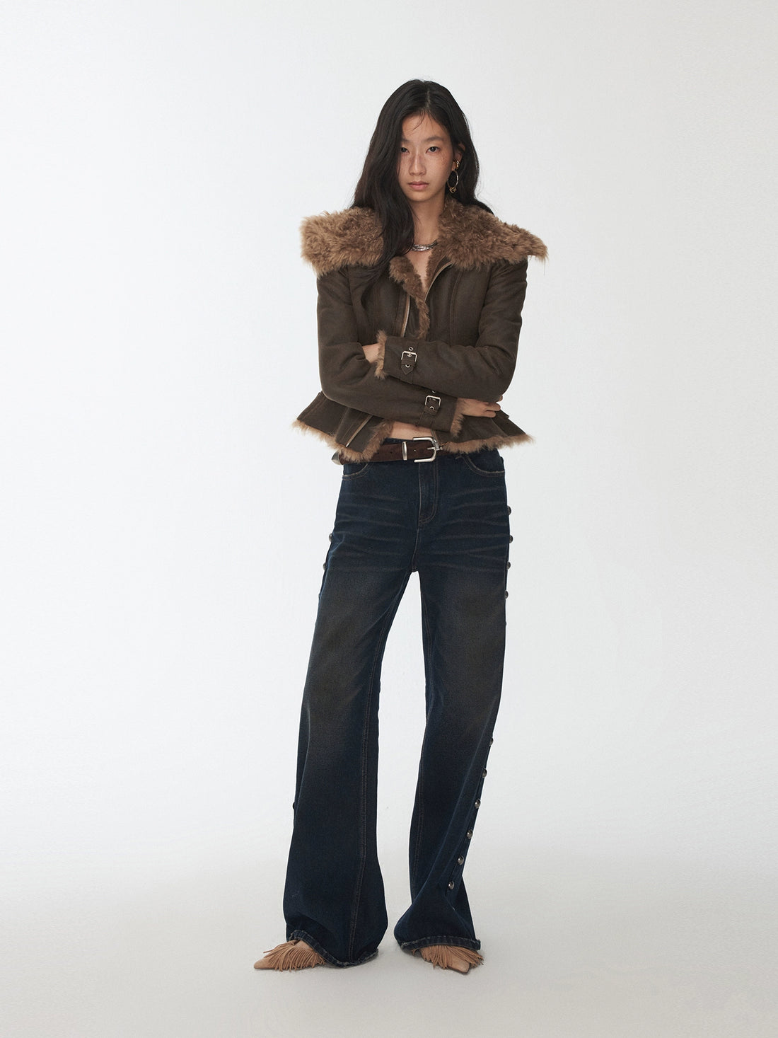 Washed Faux Shearling Fitted Jacket