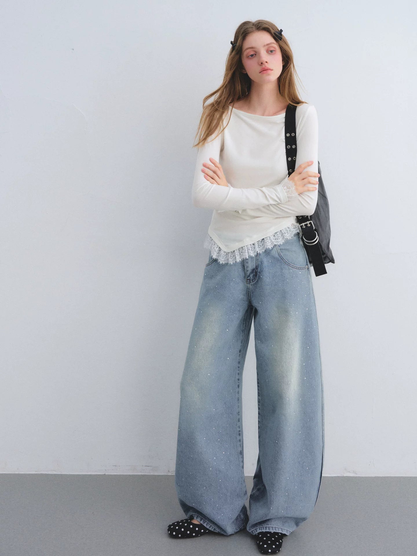 Blue Rhinestone Curved Leg Jeans