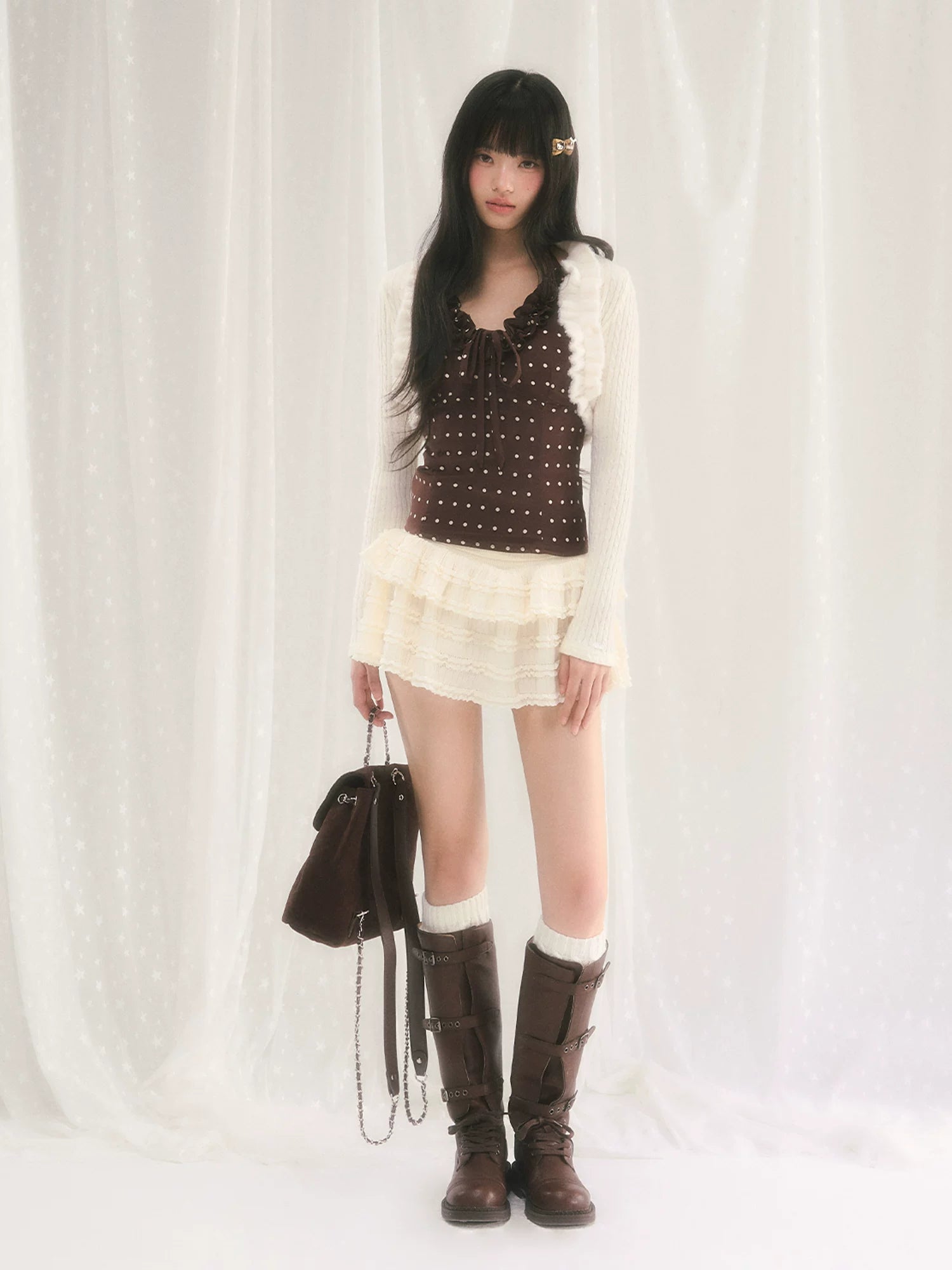 Ruffle Trim Knit Cardigan &amp; Camisole Set