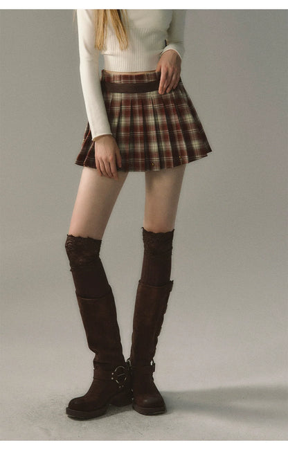Red &amp; Coffee Plaid Pleated Mini Skirt