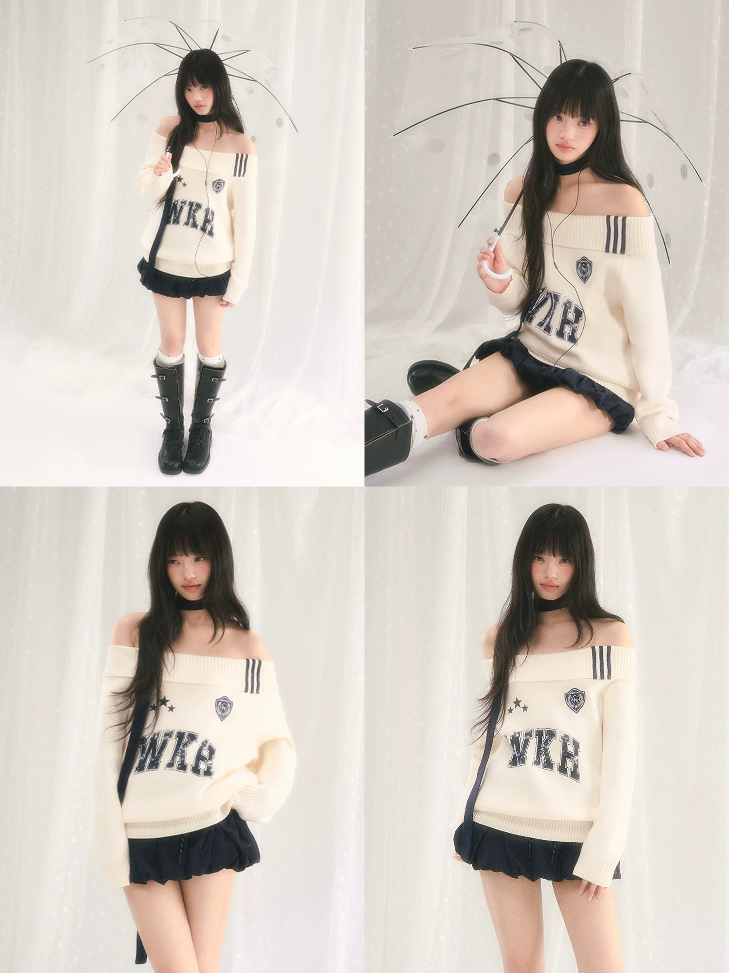 Letter Print Off-Shoulder Knit Sweater