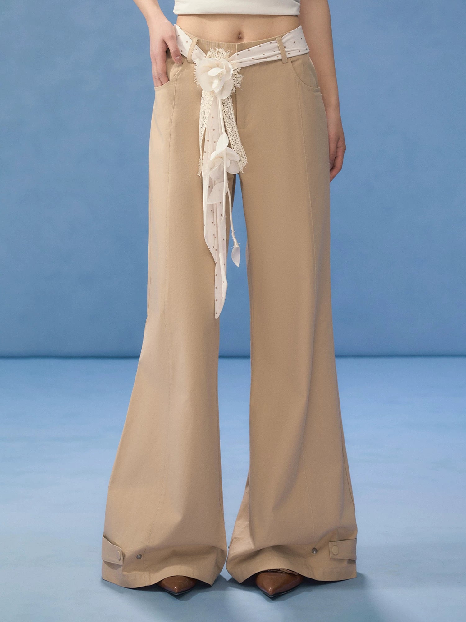 Brown Floral Belt Wide-Leg Pants