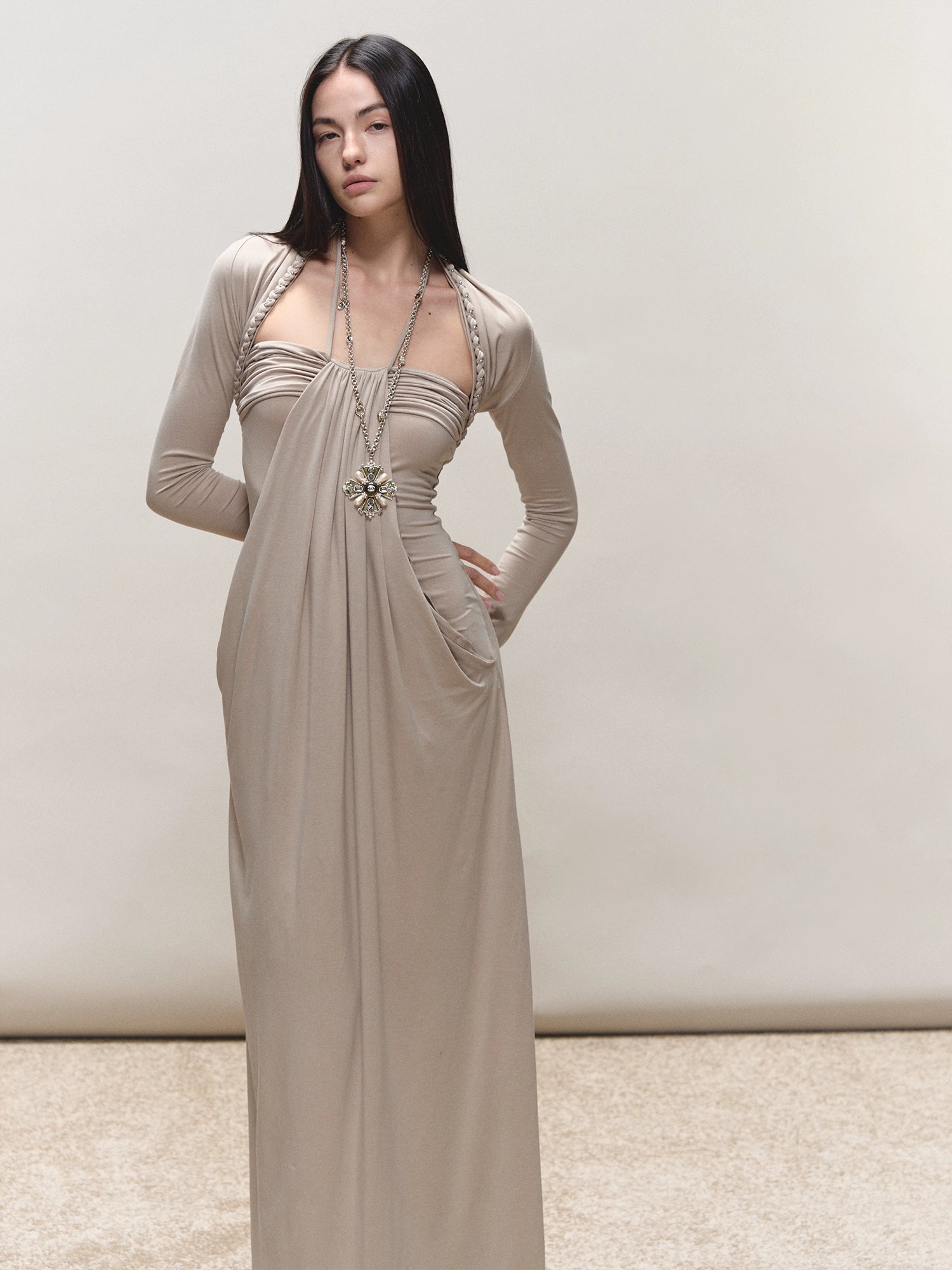 Khaki Lyocell Braided-Halter Ruched Dress Set