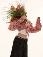 Plaid Tie Off-Shoulder Shirt