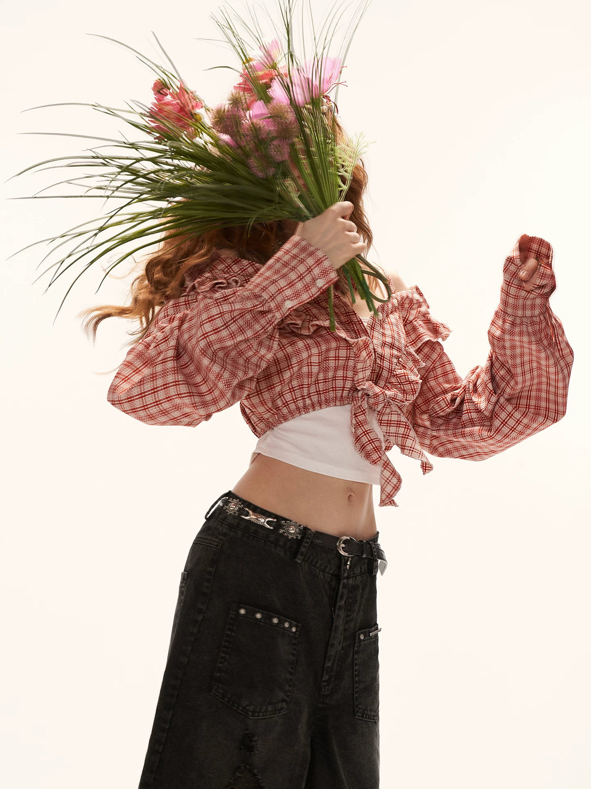 Plaid Tie Off-Shoulder Shirt