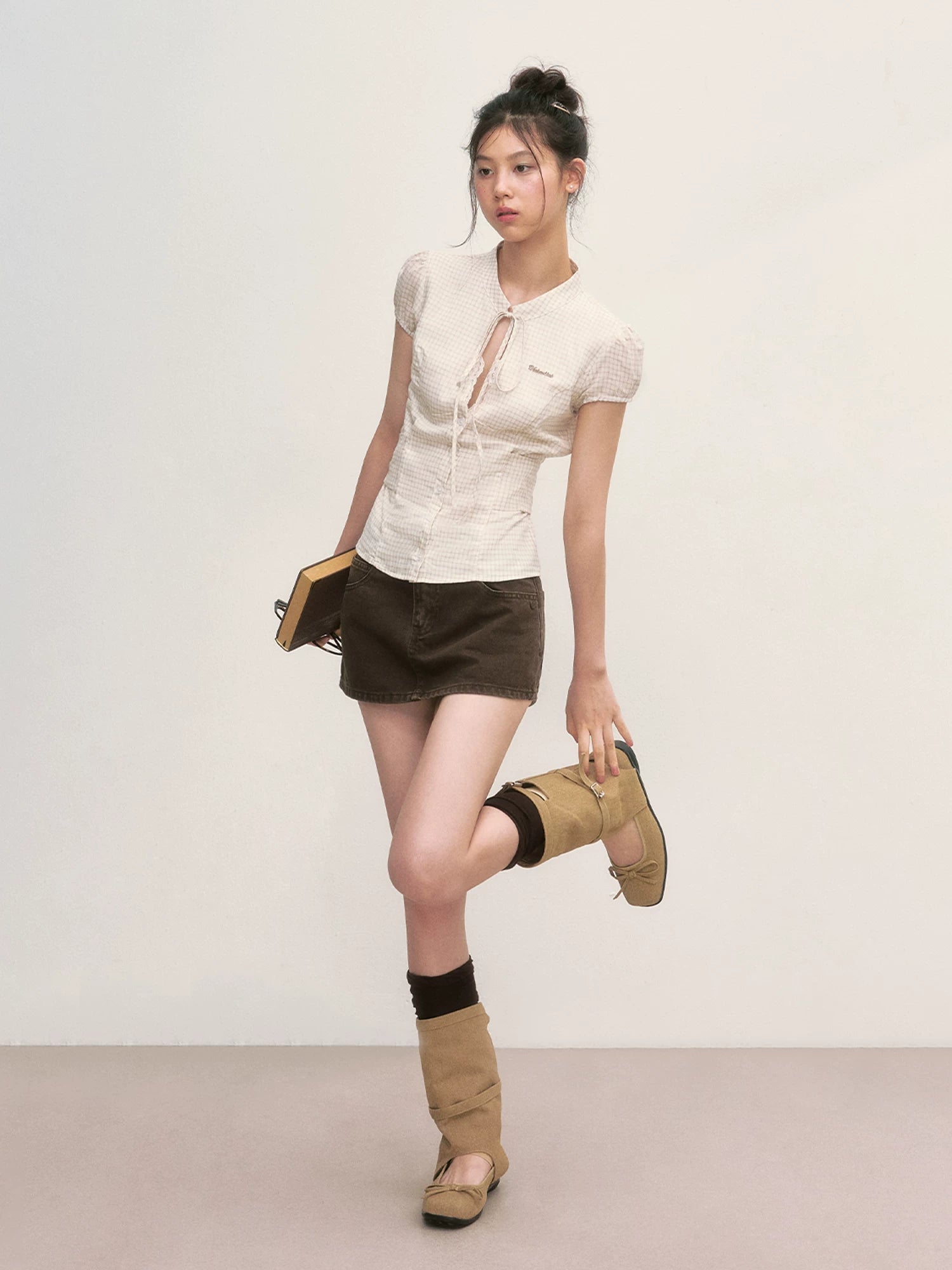Apricot Plaid Tie-Neck Blouse