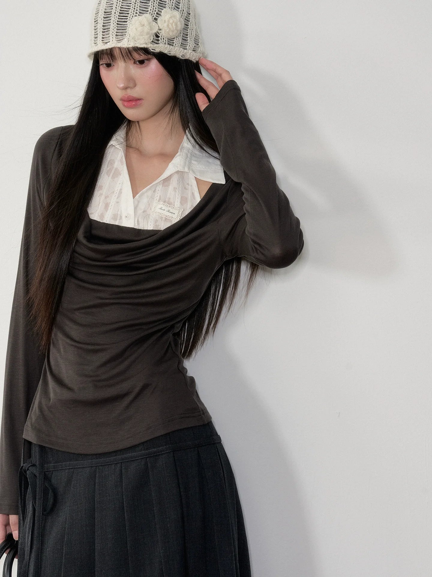 Fake Two-Piece Draped Neck Knit Top