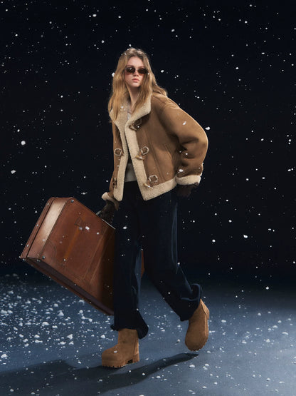 Horn Button Woolen Fur Jacket