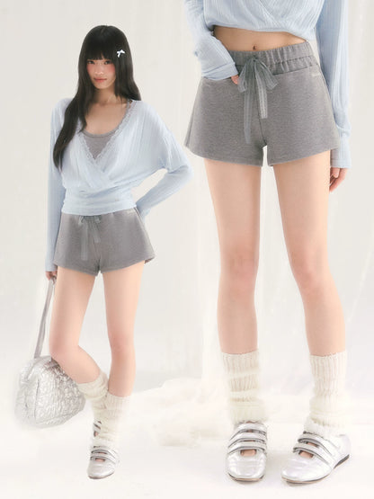 Gray Lace Tie Shorts