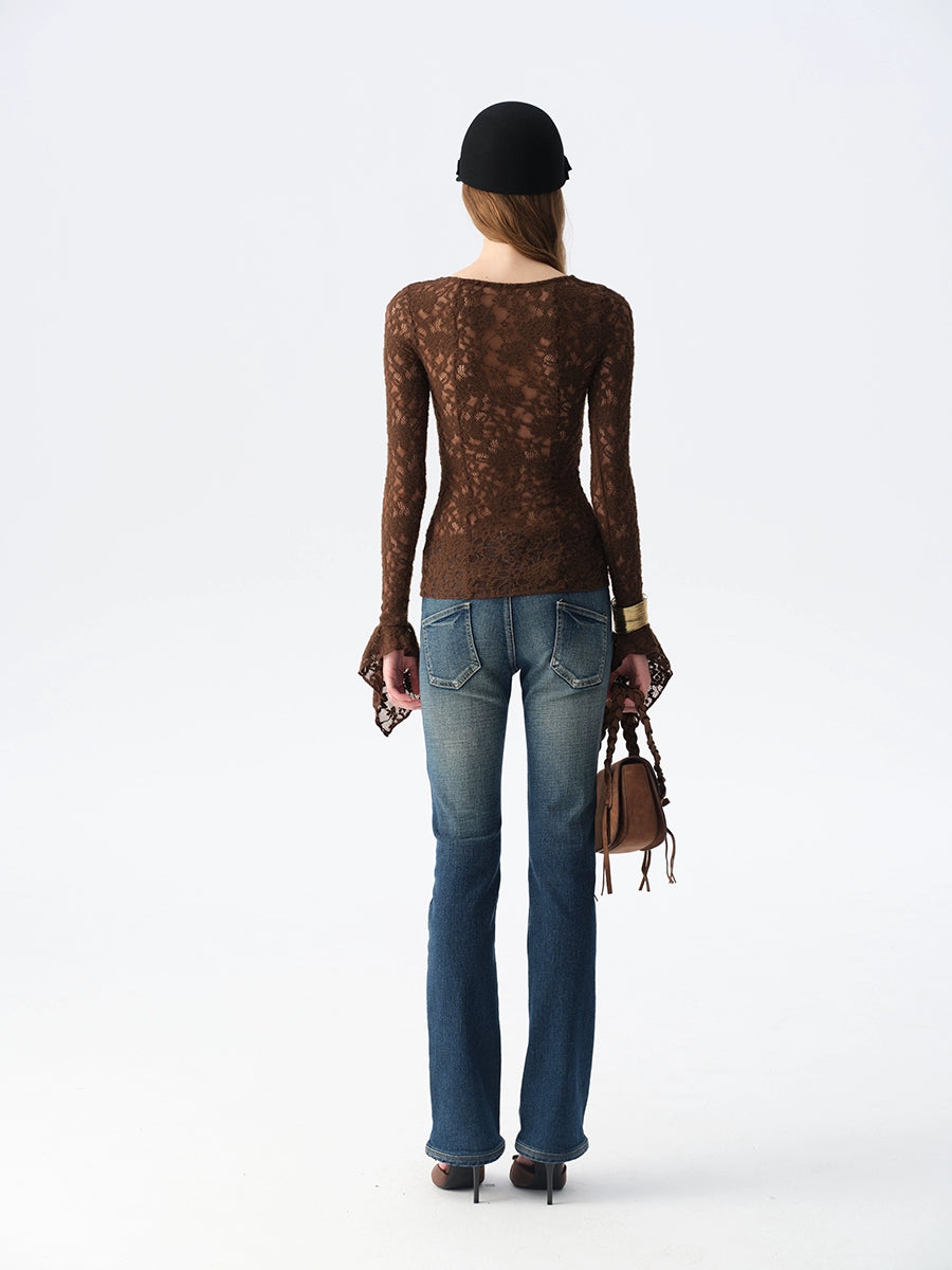Lace Button Flare-Sleeve Top