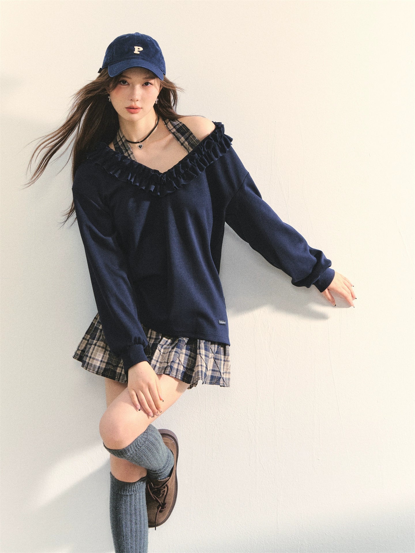 Navy Blue Plaid Halter Ruffle Sweatshirt &amp; Skirt set