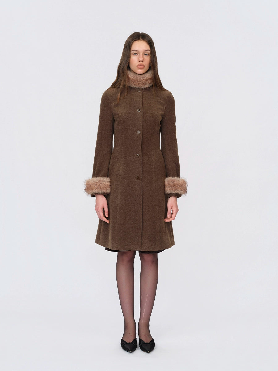 Detachable-Collar Wool-Blend Long Coat