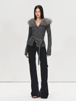 Detachable Fur Collar Suede Belted Cardigan