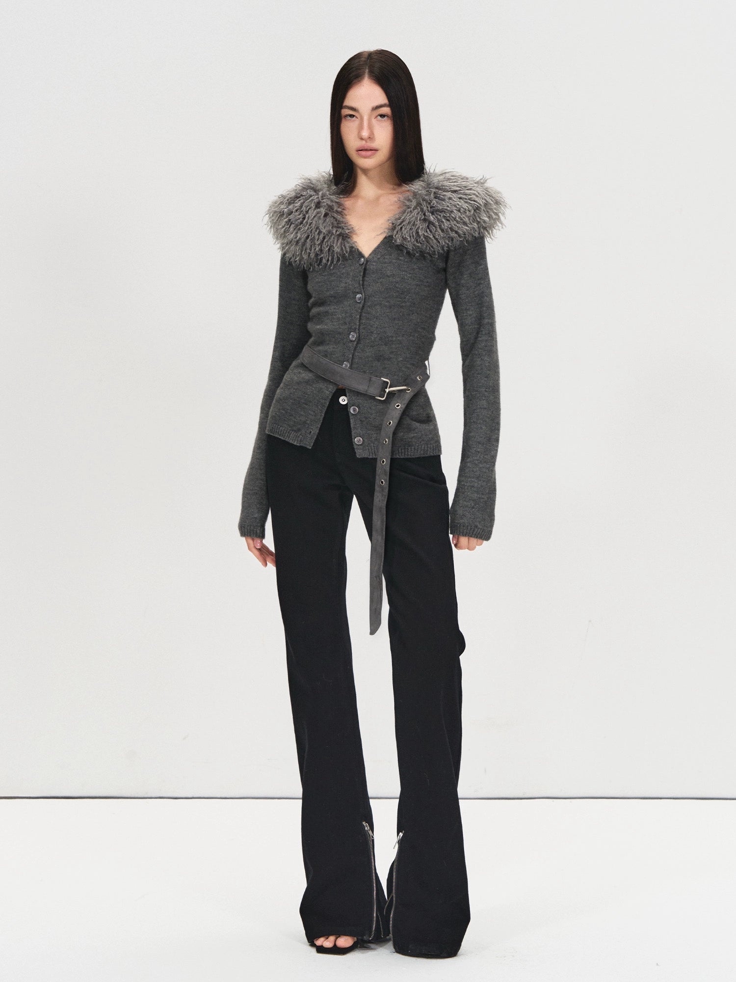 Detachable Fur Collar Suede Belted Cardigan