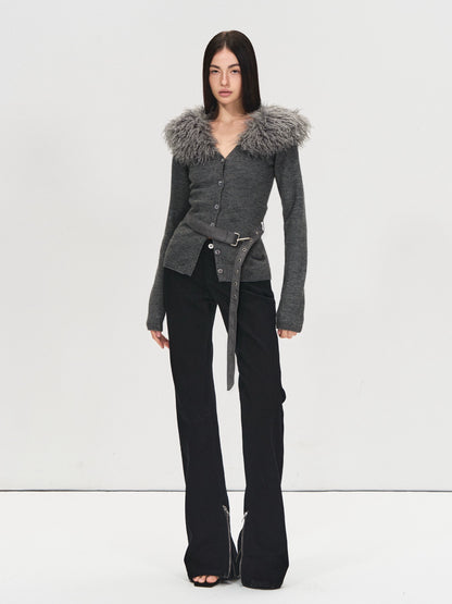 Detachable Fur Collar Suede Belted Cardigan